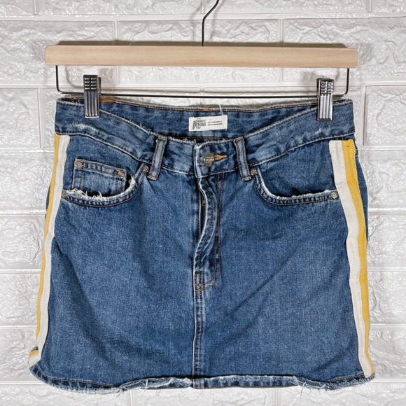 Zara Trafaluc Denim Mini Skirt Yellow & White Stripe Raw Hem Distressed Small - Picture 1 of 10
